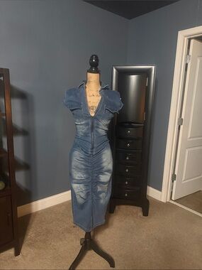 Fitted Blue Denim Midi Dress with Front Ruching